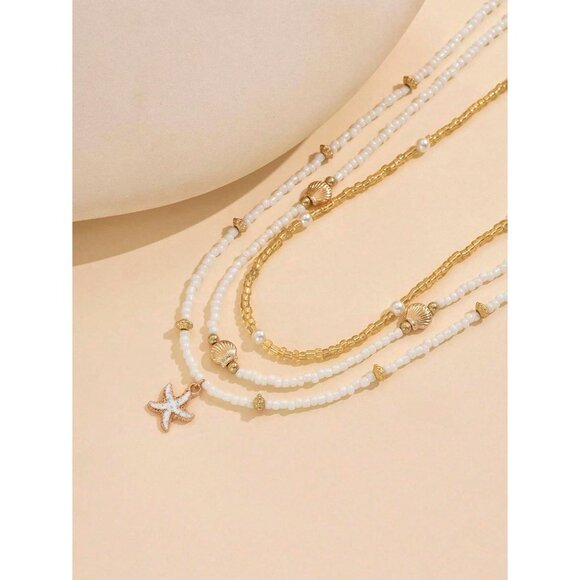 Bohemian Layered Beaded Necklace for Women Seashell Starfish Choker Jewelry - Picture 5 of 6